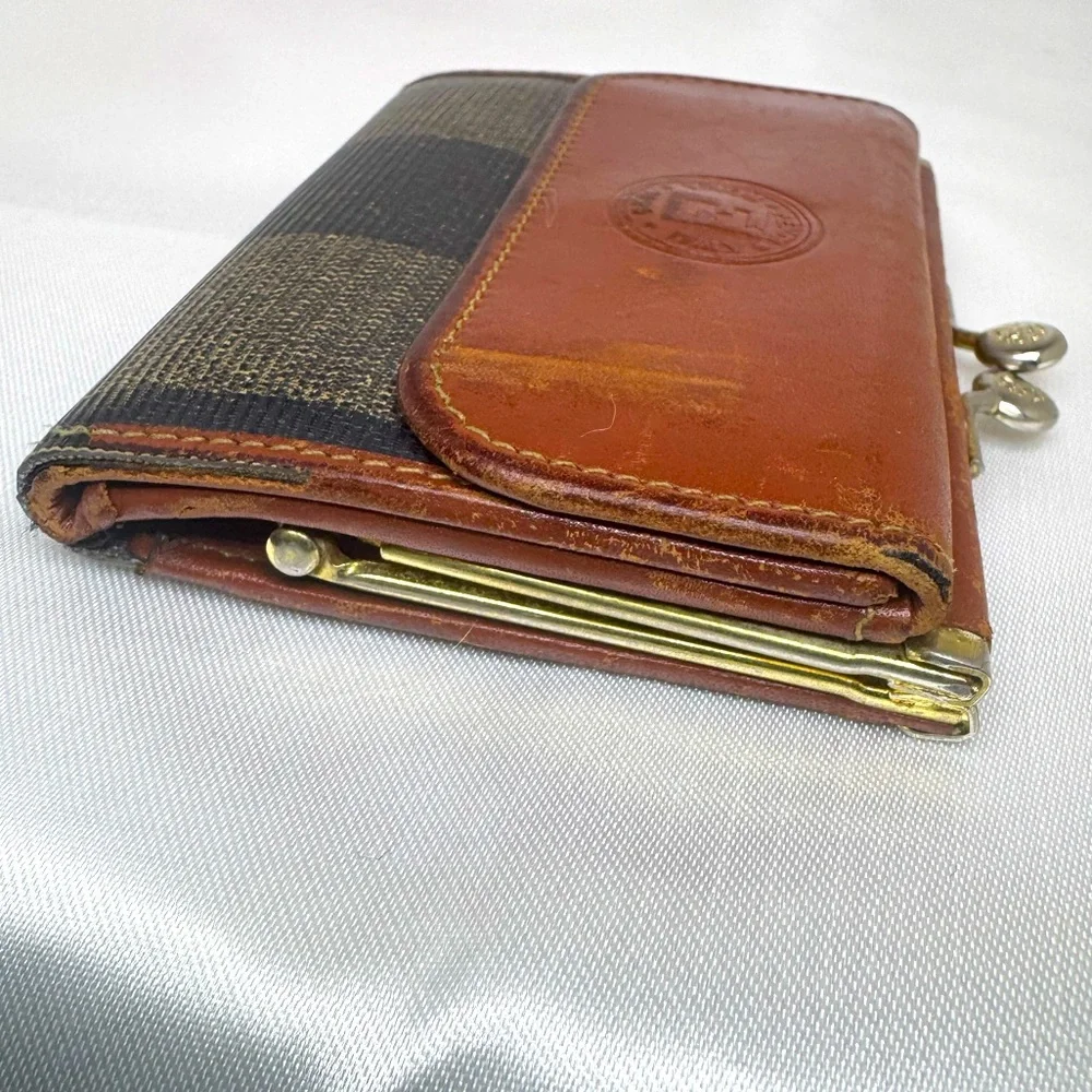 Fendi Wallet Pequin Stripe Trifold Cuoio Brown Leather Kiss Lock Rare Vintage - Picture 3 of 9